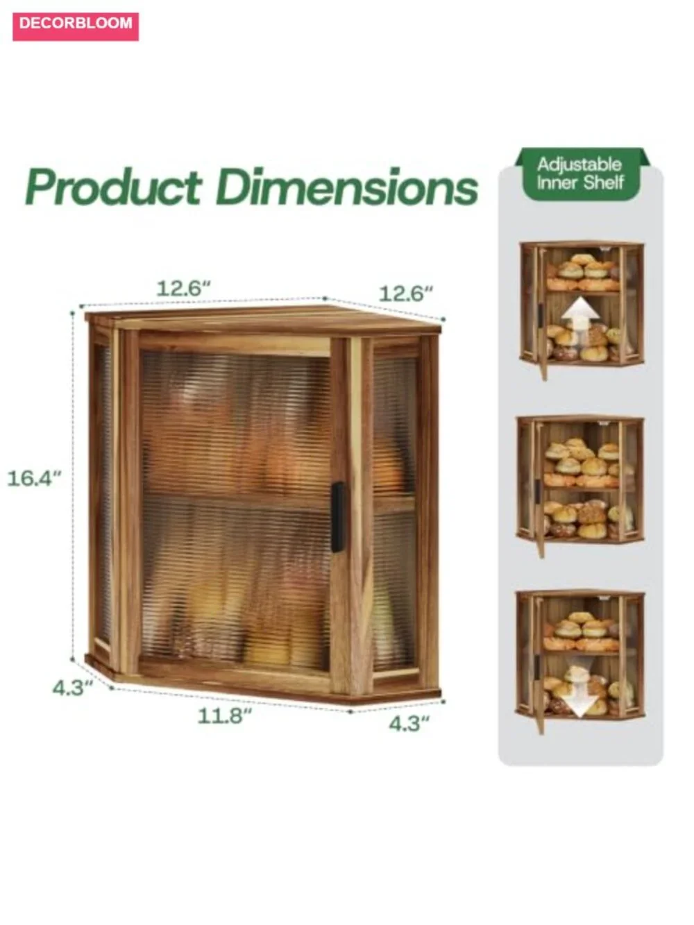 Acacia Wood Corner Bread Box with Magnetic Acrylic Window, Double Layer Storage